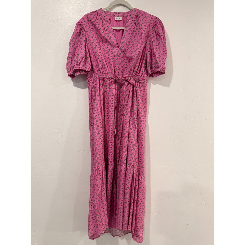 Aureum Pink Floral Cotton Midi Dress V-Neck Puff Sleeve Tiered Ruffle Medium